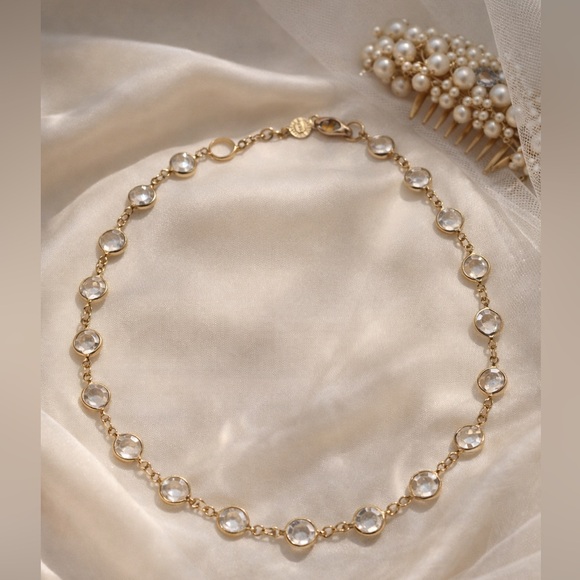 Vintage Jewelry - Vintage Austrian Crystal Necklace | Gold Tone Bezel Set Crystal Station Necklace